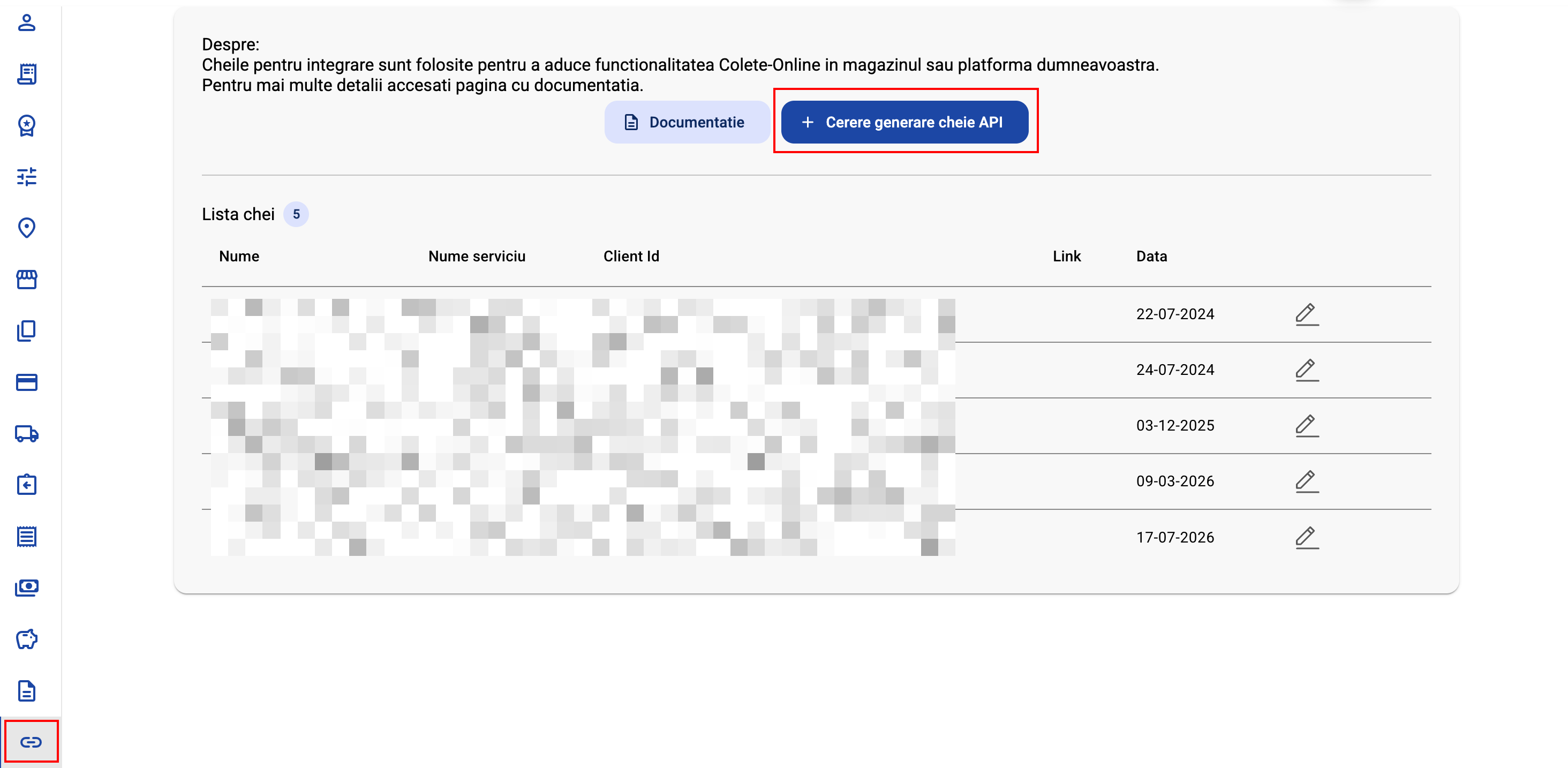 Pasul 1 — buton „Cerere de generare cheie API” pe pagina Integrare