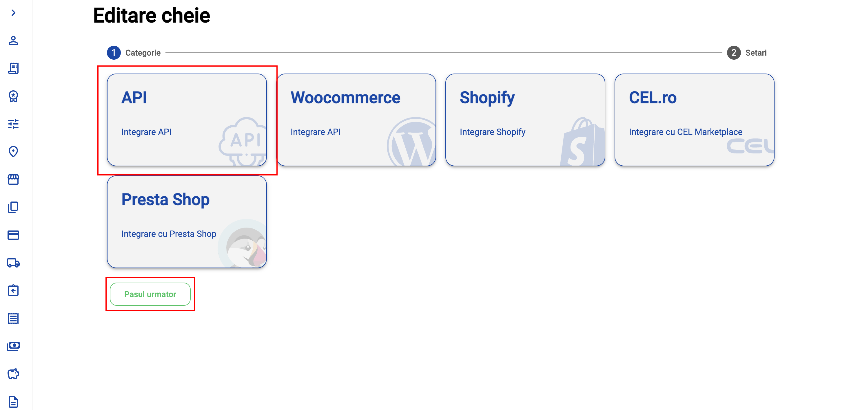 Pasul 2 — alege categoria „API” (nu Woocommerce), apoi „Pasul urmator”