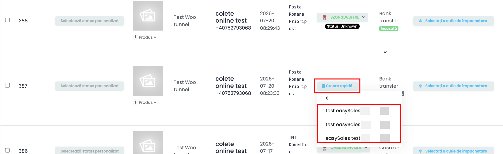 Lista de comenzi din easySales, cu meniul „Creare rapidă” deschis în coloana Transport și ColeteOnline printre curierii disponibili