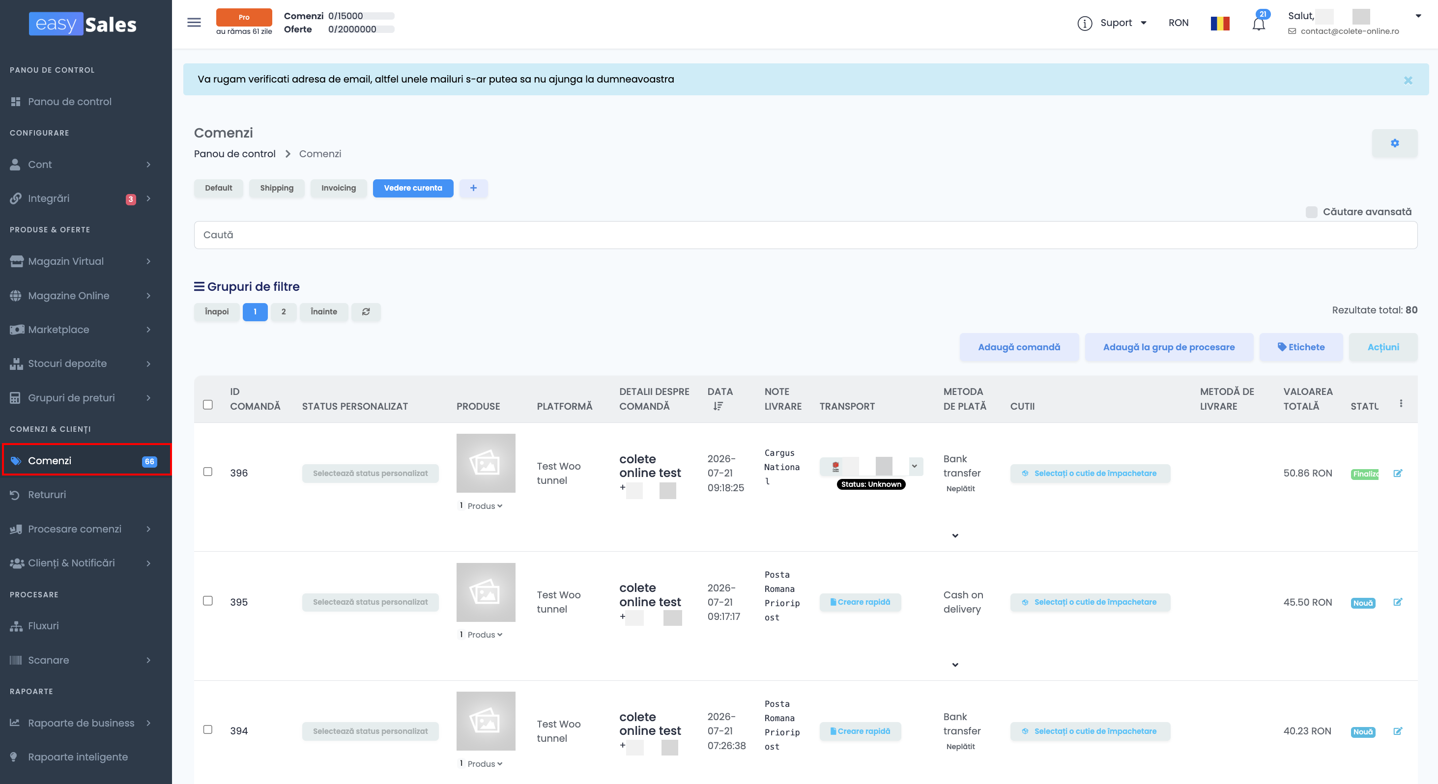 easySales — Lista de comenzi (coloanele Transport, Factură, Metodă de livrare)