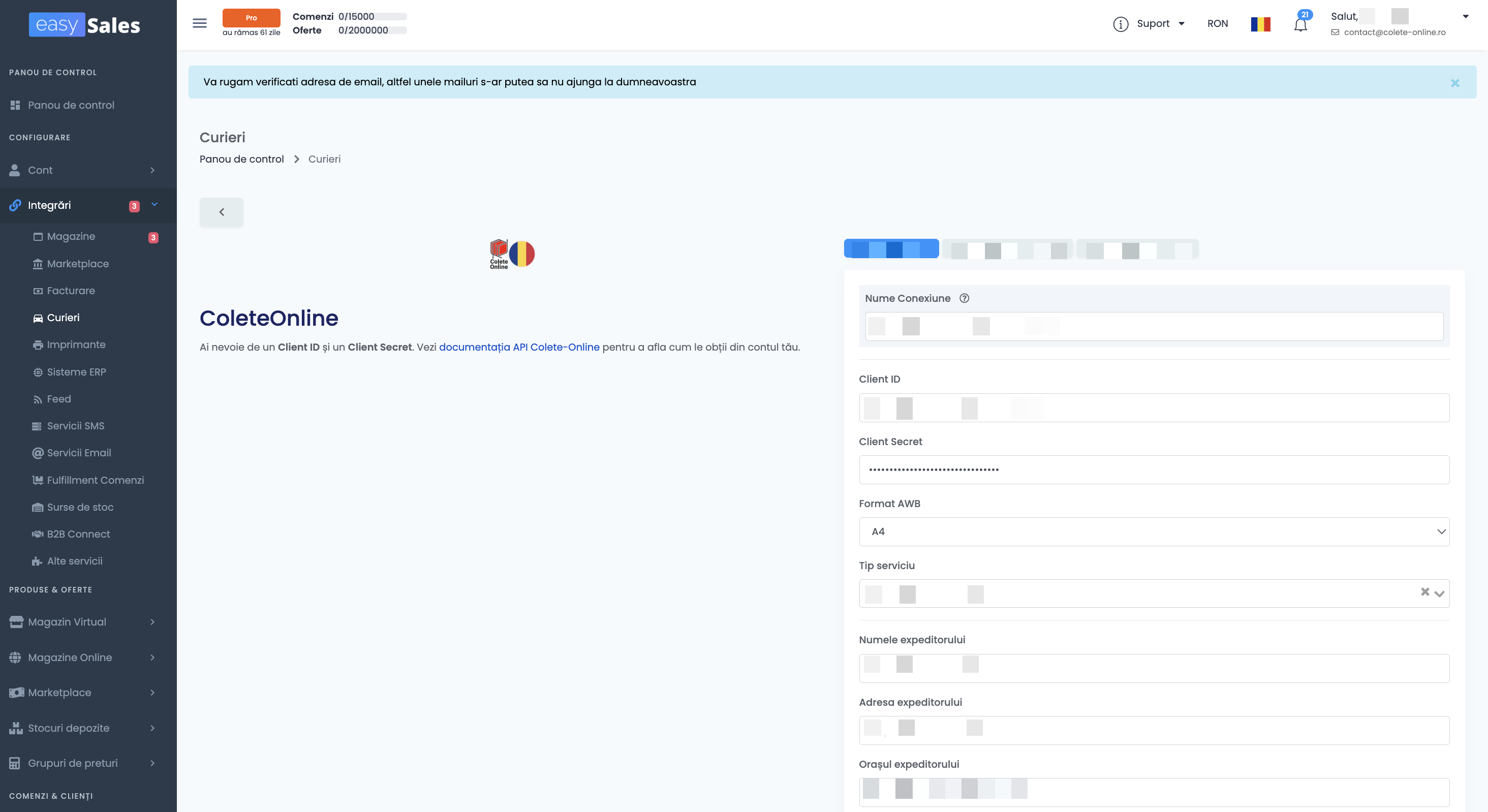 Pasul 5.b — după validare, formularul se extinde cu Format AWB, Tip serviciu și datele expeditorului