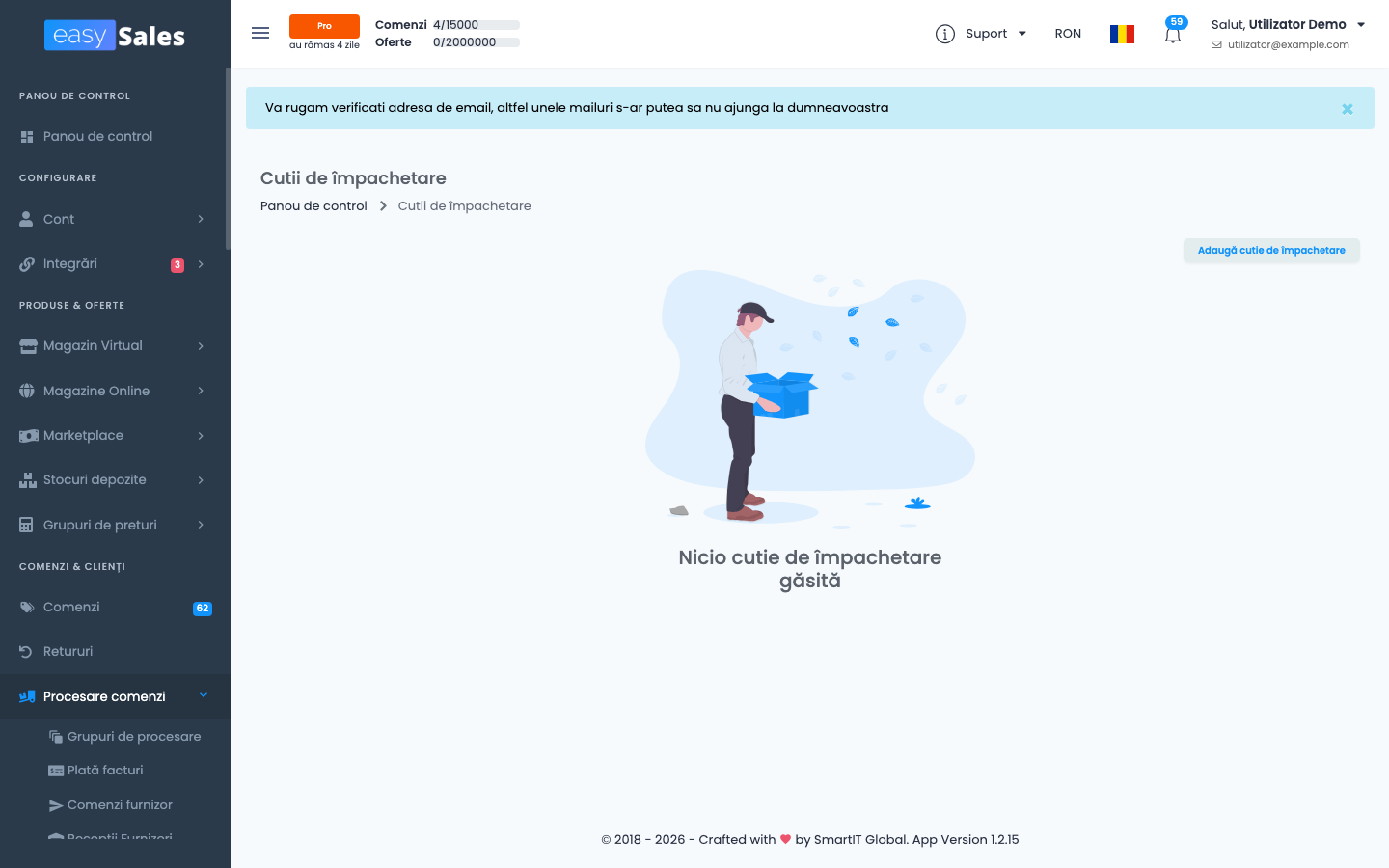 easySales — Cutii de împachetare (buton Adaugă cutie de împachetare)