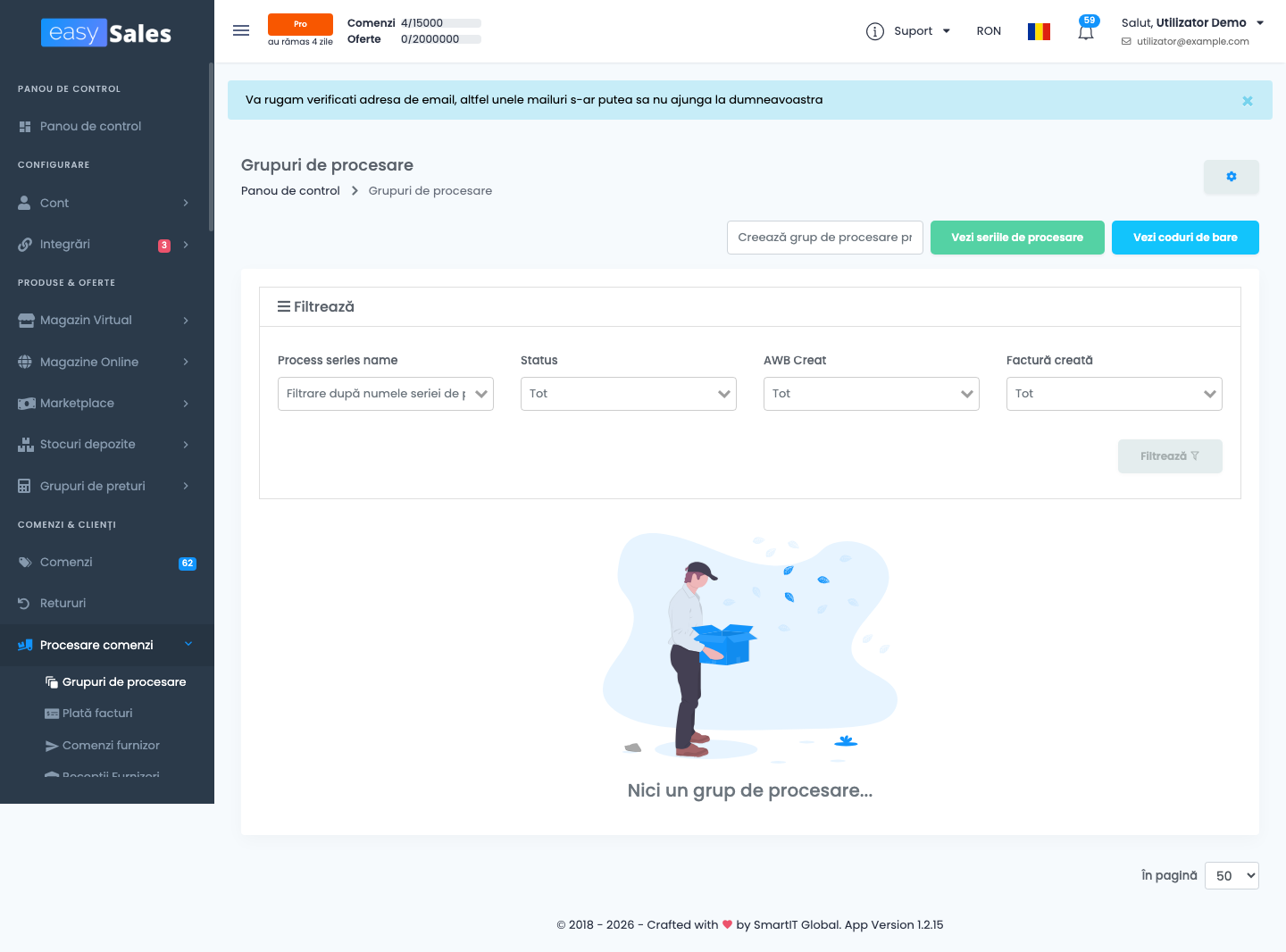 easySales — Grupuri de procesare (filtre: Process series name, Status, AWB Creat, Factură creată)