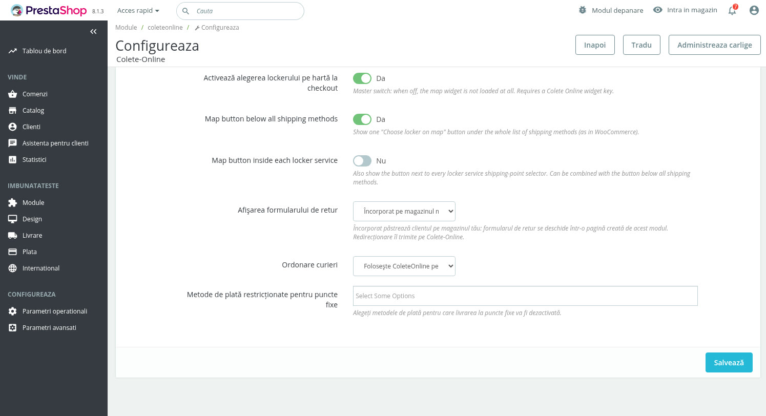 Captură: pagina de configurare a modulului Colete-Online din
            administrarea PrestaShop, cu câmpul Afișarea formularului de retur
            și cele două opțiuni ale lui