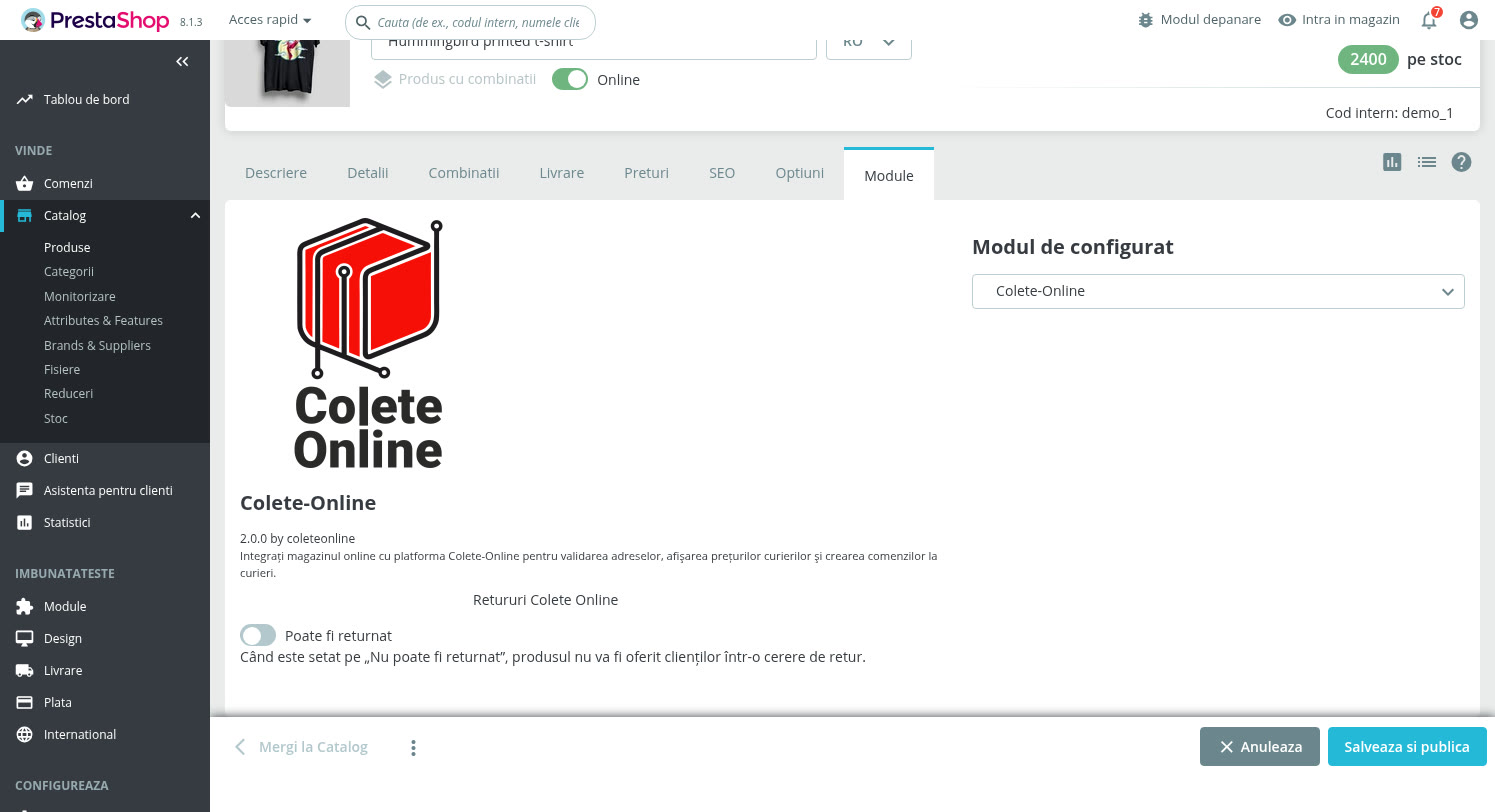 Captură: fișa unui produs din PrestaShop, fila Module, panoul
            Colete-Online cu comutatorul Poate fi returnat