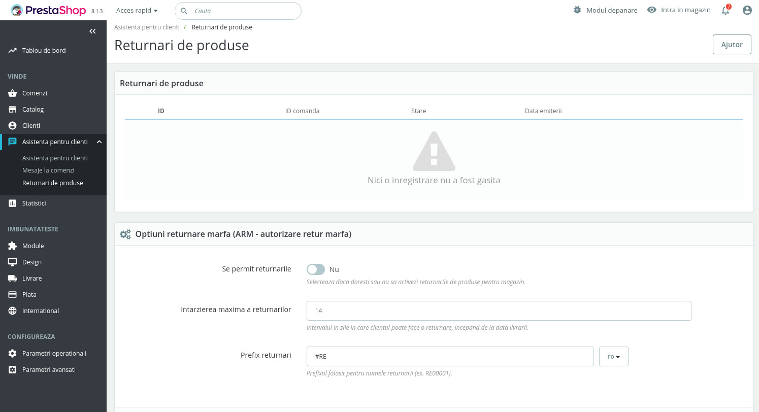 Captură: pagina Asistență pentru clienți → Returnări de produse
            din administrarea PrestaShop, cu comutatorul nativ Se permit
            returnările