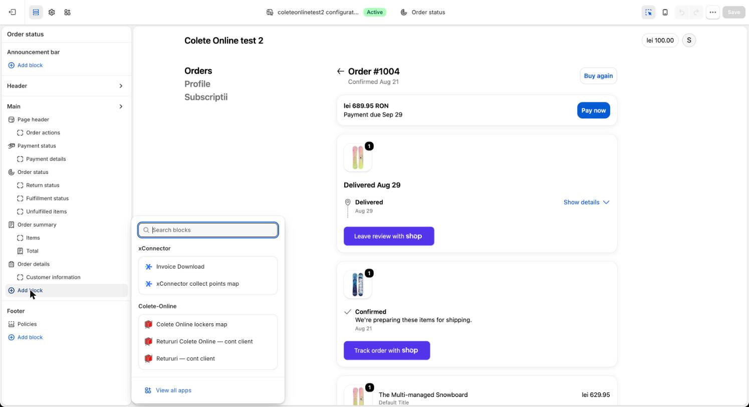 Captură: editorul contului de client, pagina Order status, cu
            lista Add block deschisă și cele două blocuri Retururi din grupul
            Colete-Online