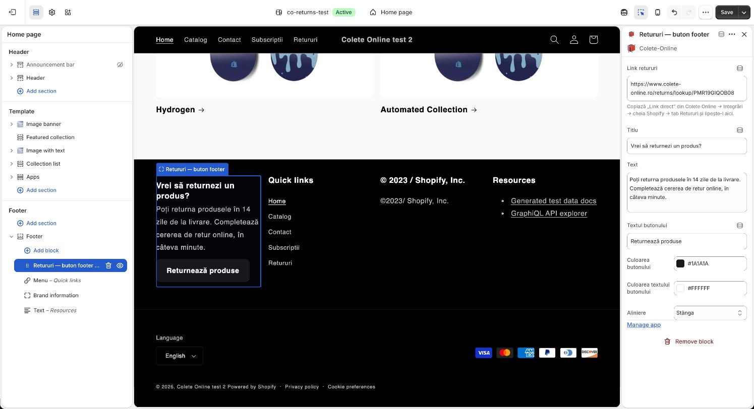 Captură: blocul Retururi — buton footer configurat, cu Link
            retururi completat în panoul de setări și butonul Returnează
            produse afișat în footerul magazinului