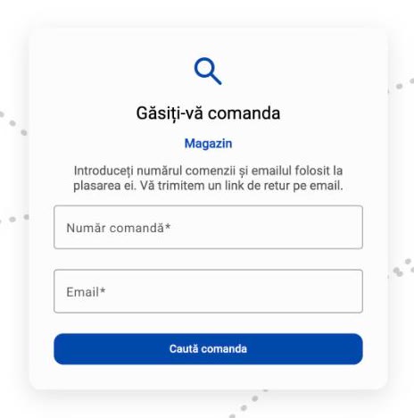 Captură: formularul public de căutare a comenzii, cu câmpurile
            Număr comandă și Email și butonul Caută comanda
