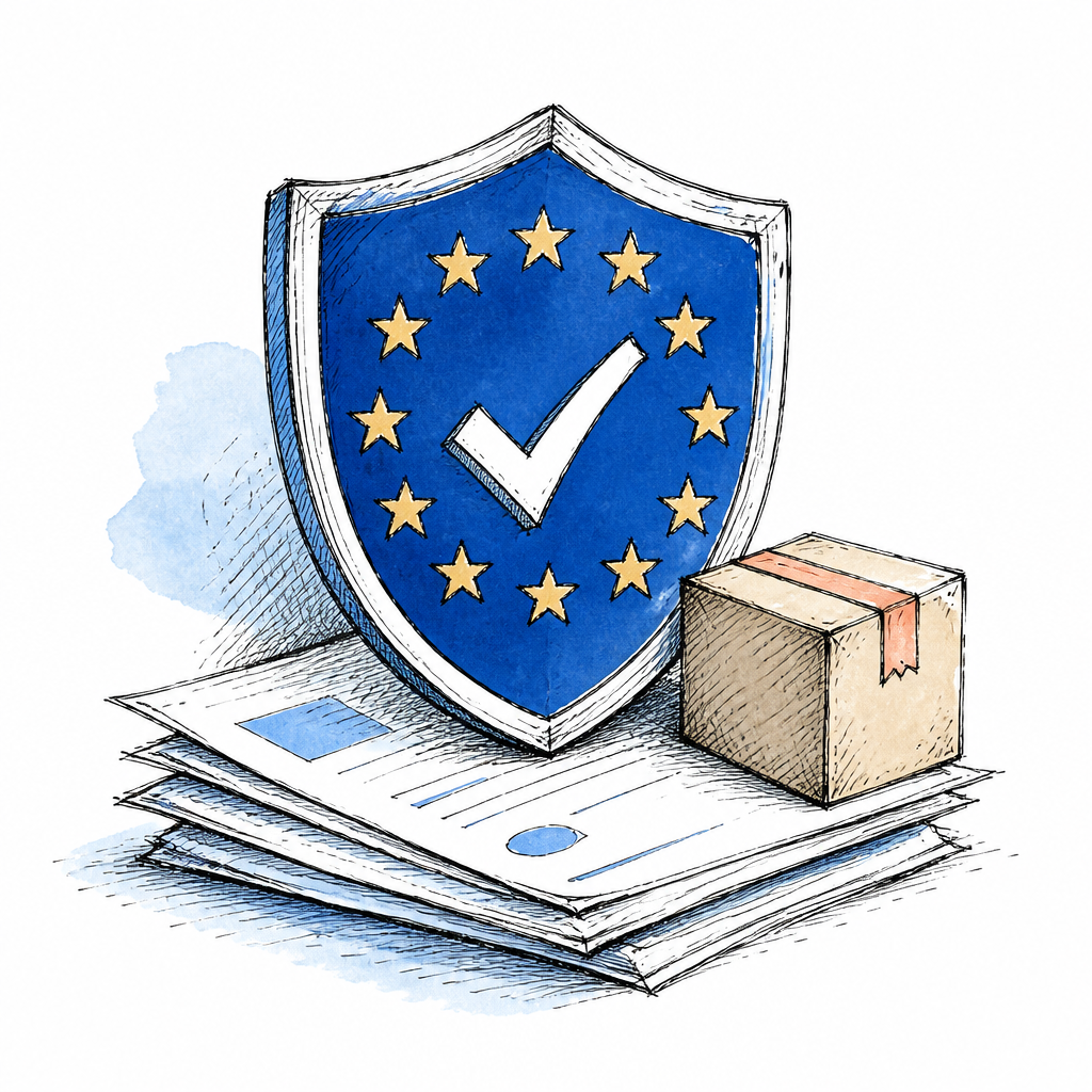 Ilustrație: scut cu bifă, înconjurat de stelele Uniunii
            Europene