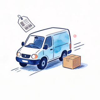 Ilustrație: o dubă de curierat cu o etichetă de expediere