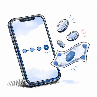 Ilustrație: un telefon cu pași bifați și bani rambursați