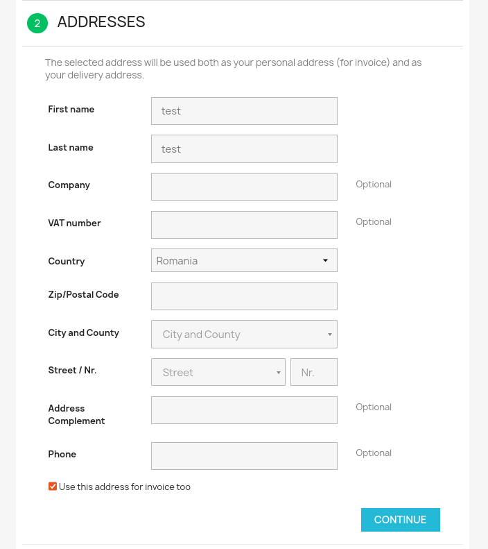 Formularul de adresă Colete Online din checkout-ul PrestaShop: strada se alege din lista de sugestii după ce sunt completate localitatea și județul