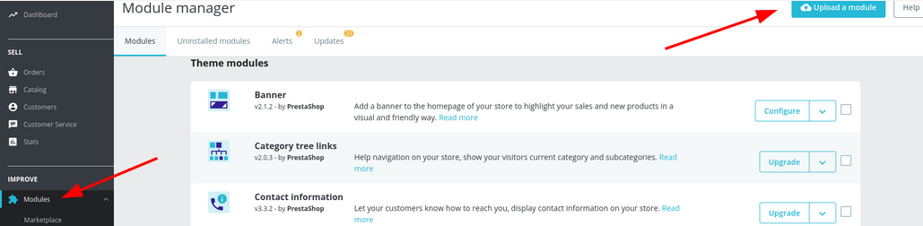 Pagina Module Manager din PrestaShop, cu butonul Upload a module