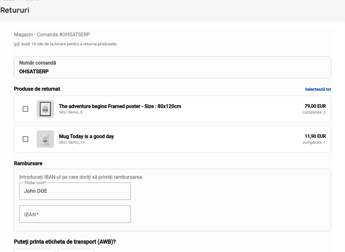 Pagina Retururi a magazinului PrestaShop, cu formularul Colete Online încorporat: produsele returnabile și rambursarea
