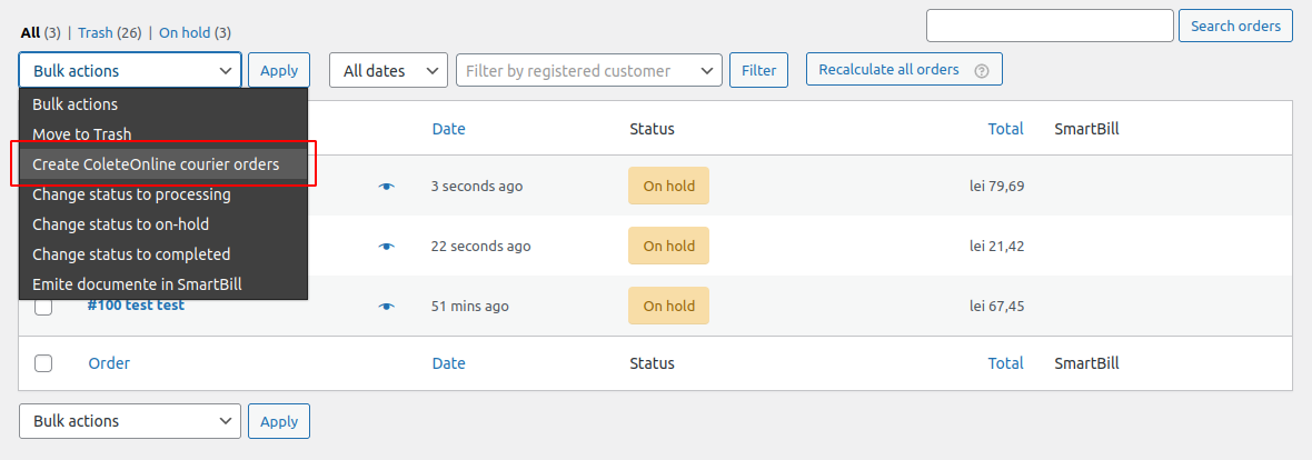 Lista de comenzi WooCommerce cu acțiunea în masă Create ColeteOnline courier orders.
