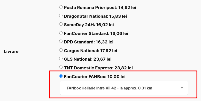 Pagina de checkout cu opt servicii de curierat și prețul fiecăruia, plus un locker ales din listă.