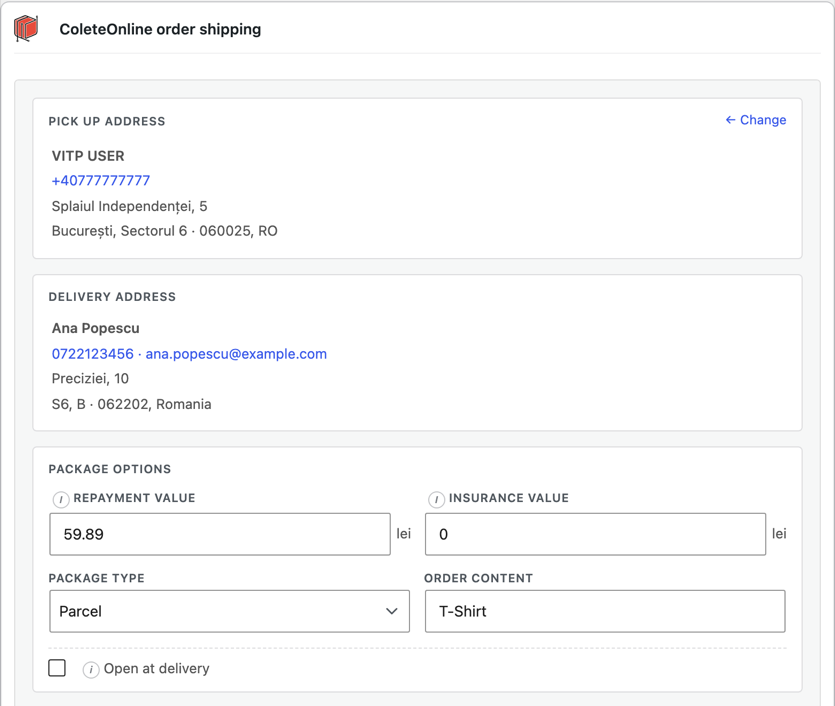 Panoul ColeteOnline order shipping din pagina unei comenzi WooCommerce, partea de sus: adresa de ridicare, adresa de livrare, rambursul, asigurarea, tipul coletului și conținutul.