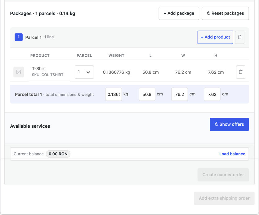 Același panou, partea de jos: coletul cu greutate și dimensiuni, butonul Show offers și butonul Create courier order.